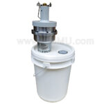 Pneumatic crimping sealing spout sealer machine for plastic pail of paint and chemicals.